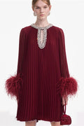 Women's Gabrielle Diamante Feathered Pleated Mini Dress Burgundy