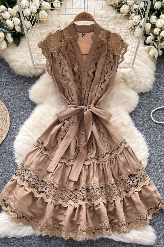 Women's Livia Embroidered Lace Tiered Mini Dress Khaki