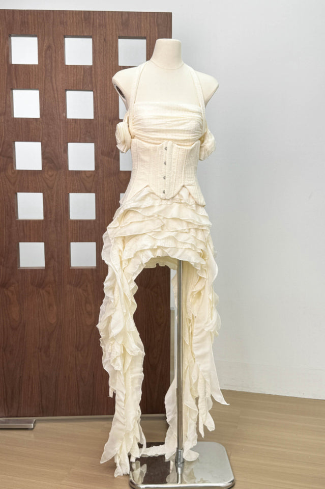 Women's Ivria Halterneck Ruffled Draped Dress Beige