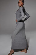 Women's Ribbed Long Sleeve Square Neck Dress Gray
