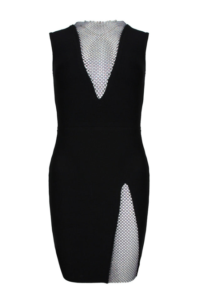 Women's Rhinestone Detail Spliced Dress Black