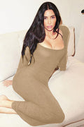 Women's Ribbed Long Sleeve Square Neck Dress
