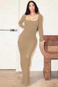Women's Ribbed Long Sleeve Square Neck Dress Khaki