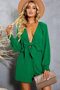 Women's Tied Flounce Sleeve Plunge Romper Green