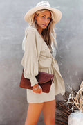 Women's Tied Flounce Sleeve Plunge Romper Beige