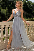 Women's Sequined Backless Tulle Evening Prom Silver