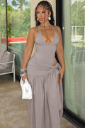 Women's V-Neck Bodysuit Wrap Skirt Set Gray