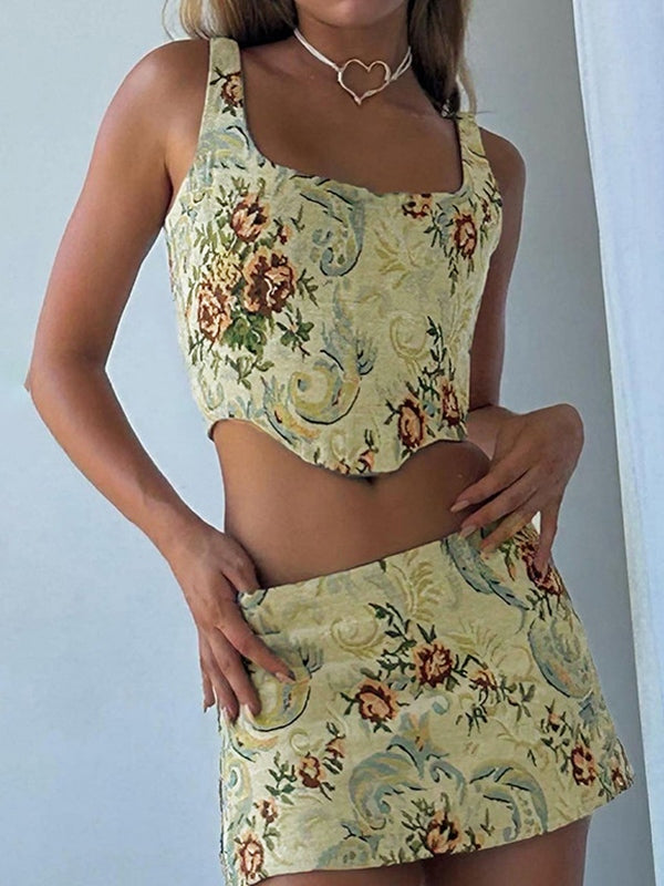 Women's Jacquard Corset Top & Mini Skirt Set Apricot