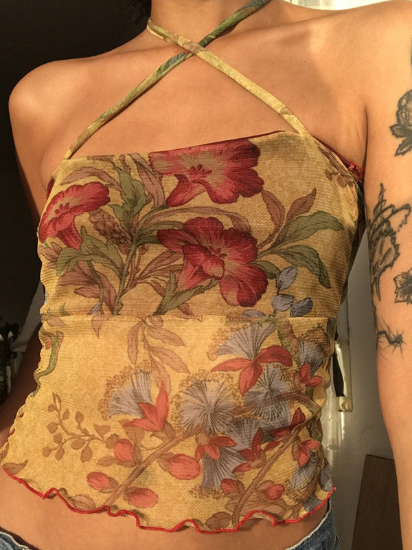 Women's Halter Mesh Floral Crop Cami Top Apricot