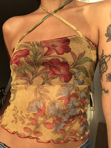 Women's Halter Mesh Floral Crop Cami Top Apricot