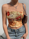 Women's Halter Mesh Floral Crop Cami Top