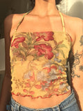 Women's Halter Mesh Floral Crop Cami Top