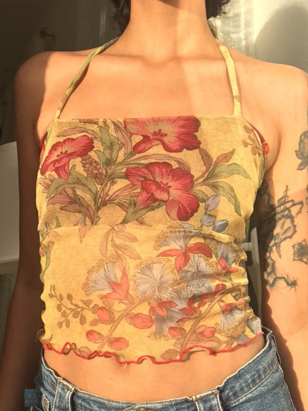 Women's Halter Mesh Floral Crop Cami Top