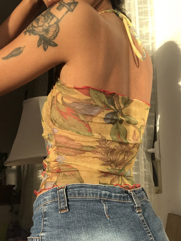 Women's Halter Mesh Floral Crop Cami Top