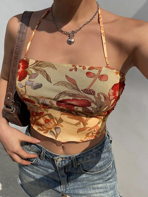 Women's Halter Mesh Floral Crop Cami Top