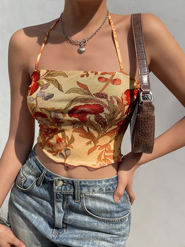 Women's Halter Mesh Floral Crop Cami Top