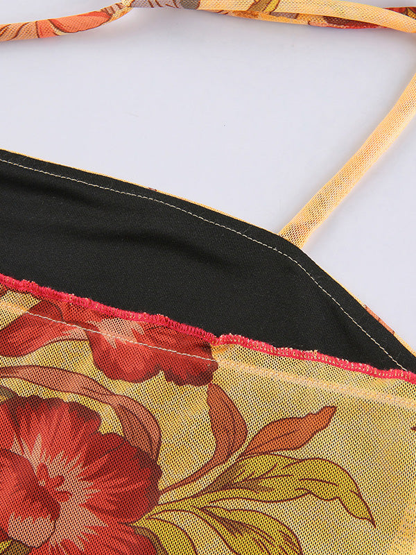 Women's Halter Mesh Floral Crop Cami Top