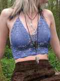 Women's Halter Crochet Knit Crop Cami Top Blue