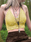 Women's Halter Crochet Knit Crop Cami Top Yellow