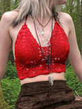 Women's Halter Crochet Knit Crop Cami Top Red