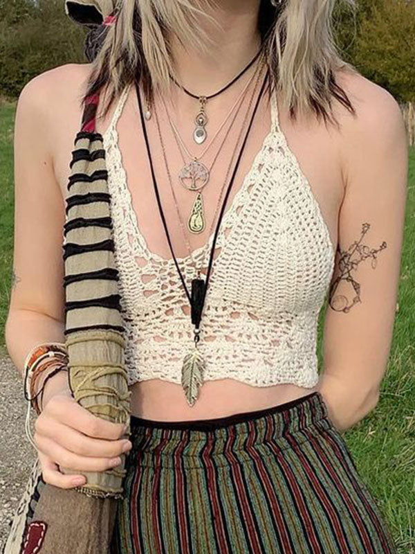 Women's Halter Crochet Knit Crop Cami Top