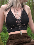 Women's Halter Crochet Knit Crop Cami Top Black