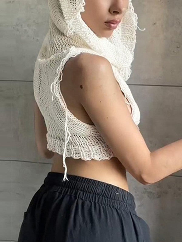 Women's Hooded Crochet Knit Cropped Tank Top