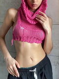 Women's Hooded Crochet Knit Cropped Tank Top Pink