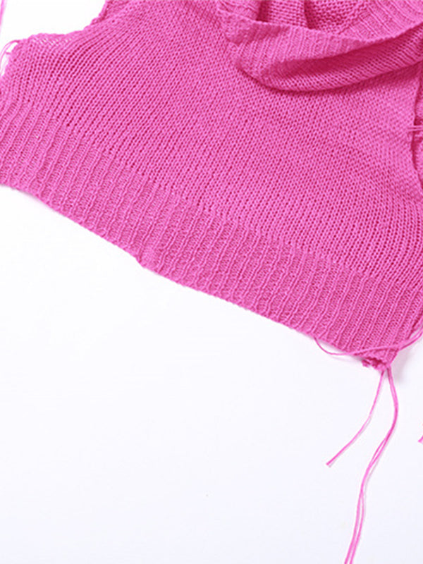 Women's Hooded Crochet Knit Cropped Tank Top