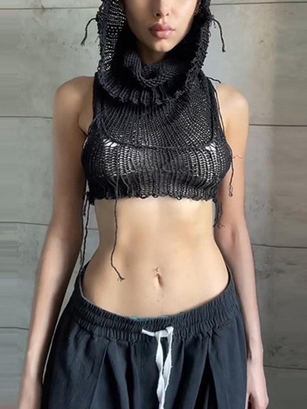 Women's Hooded Crochet Knit Cropped Tank Top Black