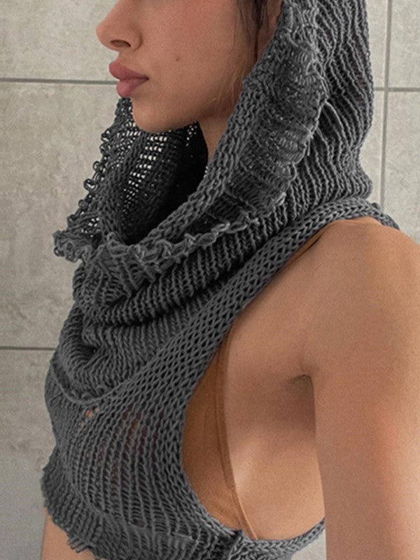 Women's Hooded Crochet Knit Cropped Tank Top