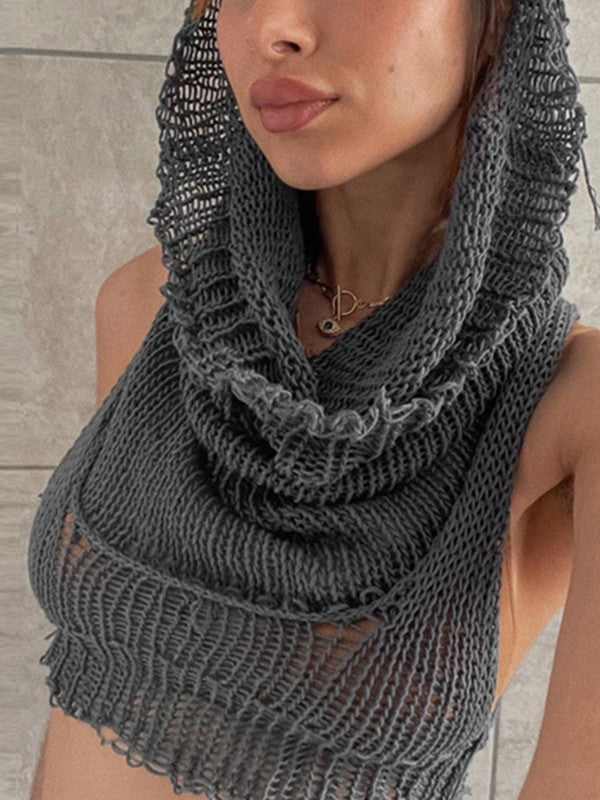 Women's Hooded Crochet Knit Cropped Tank Top Gray