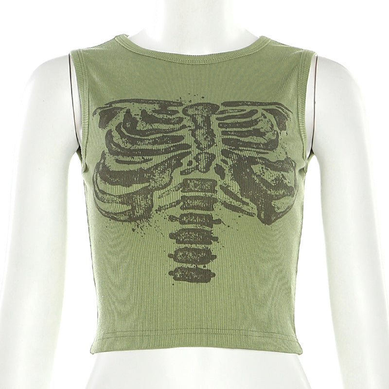 Women's Skeleton Bones Printed Crop Tank Top green