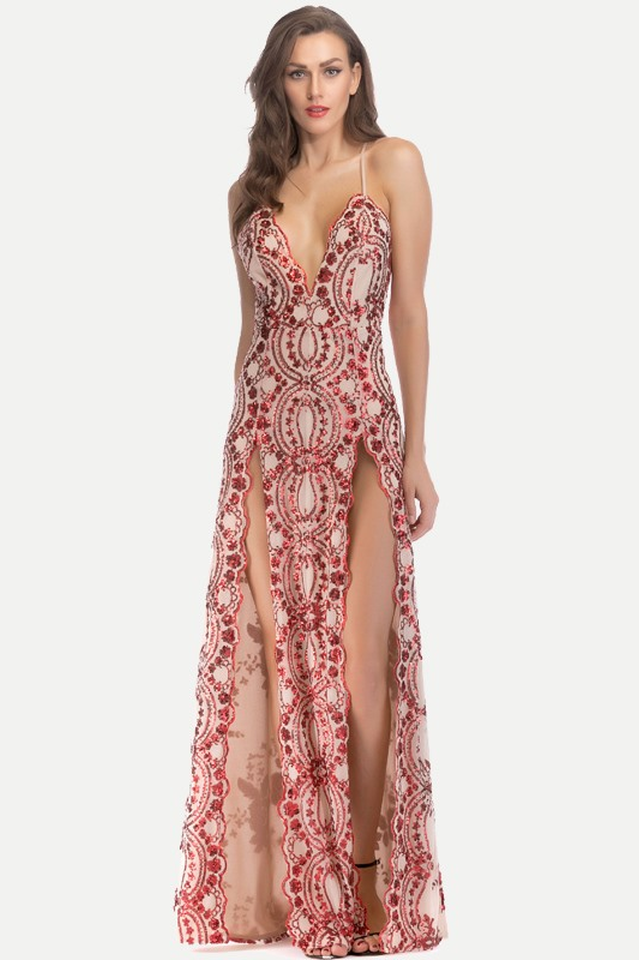Women's Sequin Slit Glitter Maxi Evening Party Dress Red