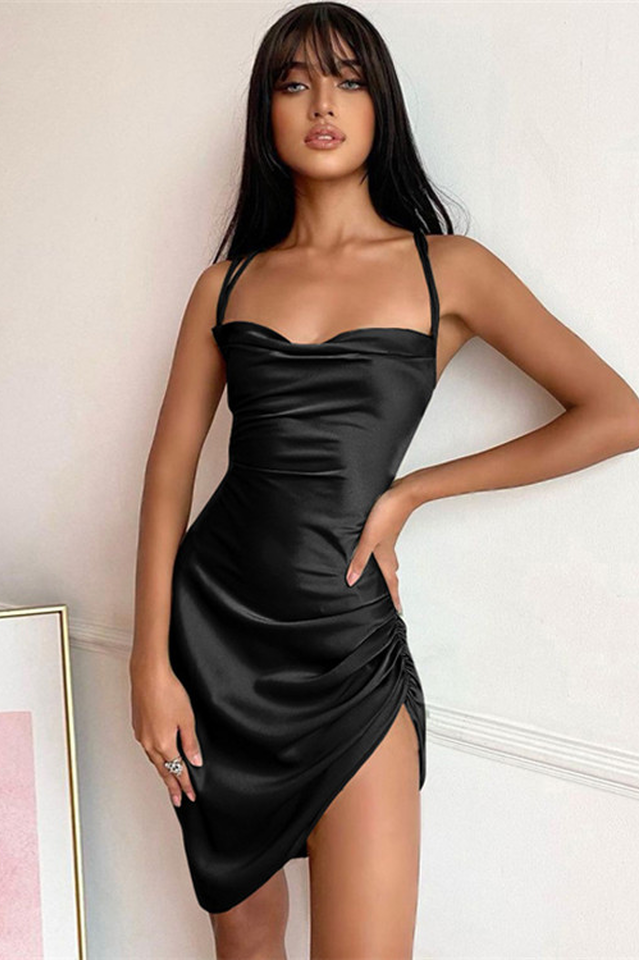 Women's Ruched Backless Satin Mini Dress Black