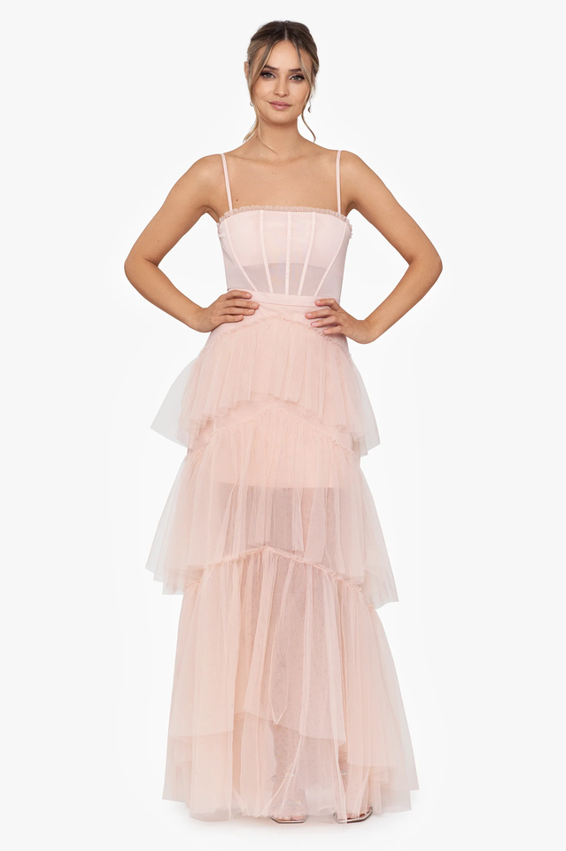 Women's Jasmine Long Spaghetti Strap Mesh Corset Gown Blush