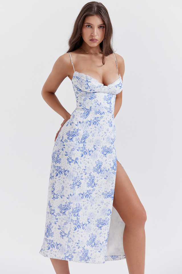 Women's Charlotte Blue Print Corset Midi Dress