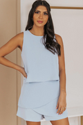 Women's Layered Sleeveless Round Neck Romper Smoky Blue
