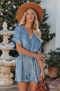 Women's Judith Pocketed Chambray Romper Sky Blue