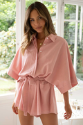 Women's Loose Sleeve Tie Waist Romper Pink