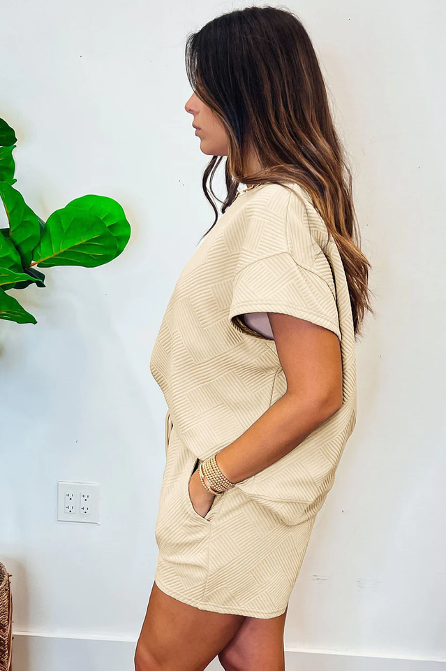 Women's Solid Textured Drawstring Shorts Set