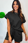 Women's Solid Textured Drawstring Shorts Set Black