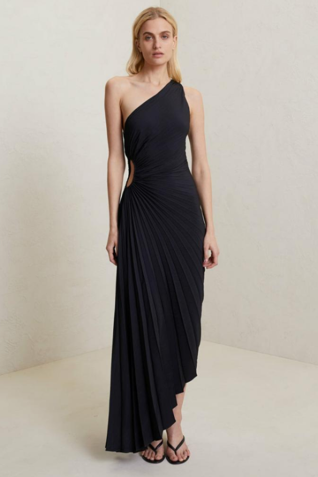 Women's Catalina One Shoulder Pleated Satin Dress Black