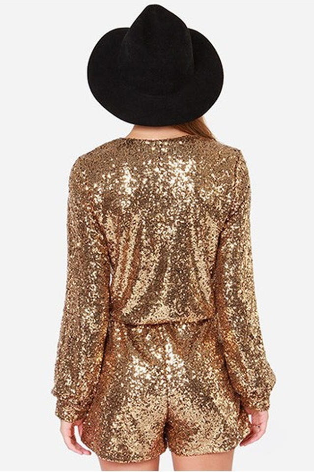 Women's Deep V Sequin Shining Romper Gold