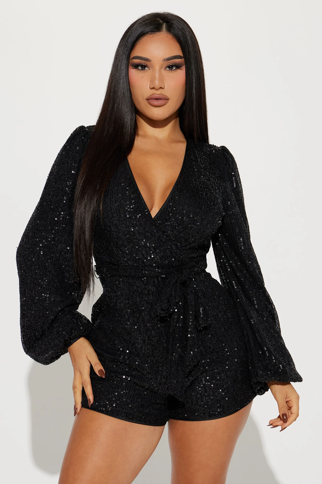 Women's Take Me Dancing Sequin Romper Black