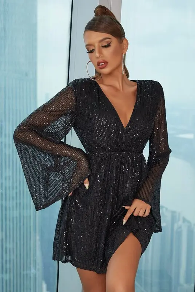 Women's Plunging Neck Sequin Dress Black