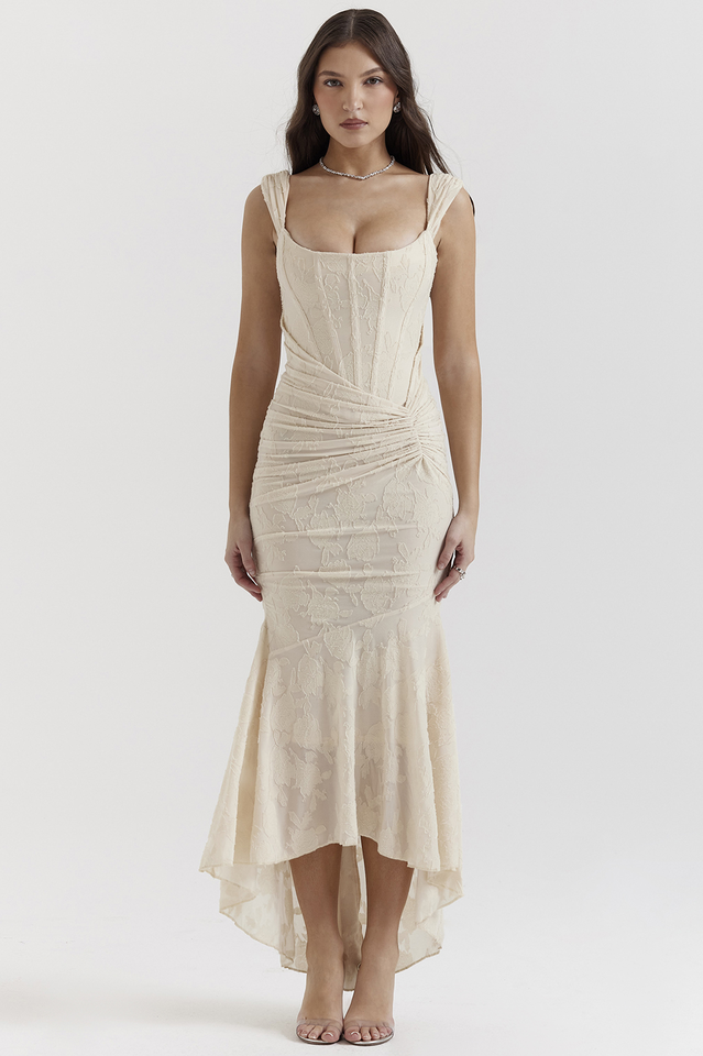 Women's Cesca Retro Cream White Floral Maxi Dress