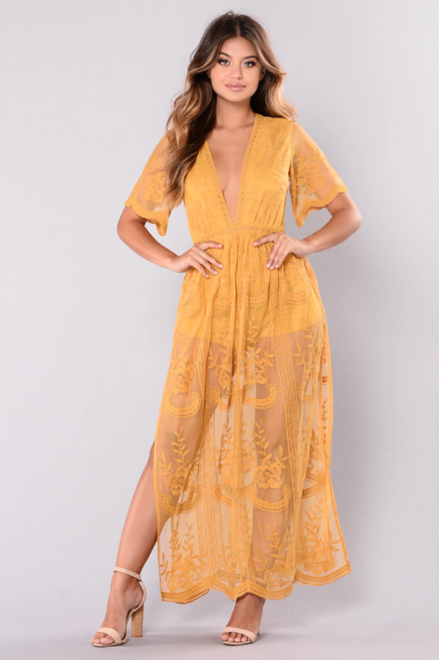 Women's Boho Lace Maxi Dress Mustard