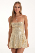 Women's Jewel Sequin Cowl Neck Dress Gold