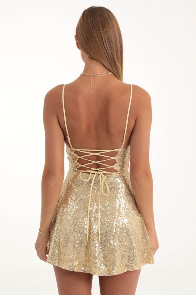 Women's Jewel Sequin Cowl Neck Dress Gold
